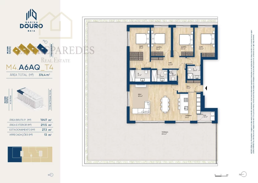 EXCELENTE APARTAMENTO PENTHOUSE T4 , 3 FRENTES, COM TERRAÇO 211,5M2 E VISTAS MAR E RIO, PARA COMPRAR JUNTO A MARINA DA AFURADA - VILA NOVA DE GAIA - PORTO M4.A6AQ