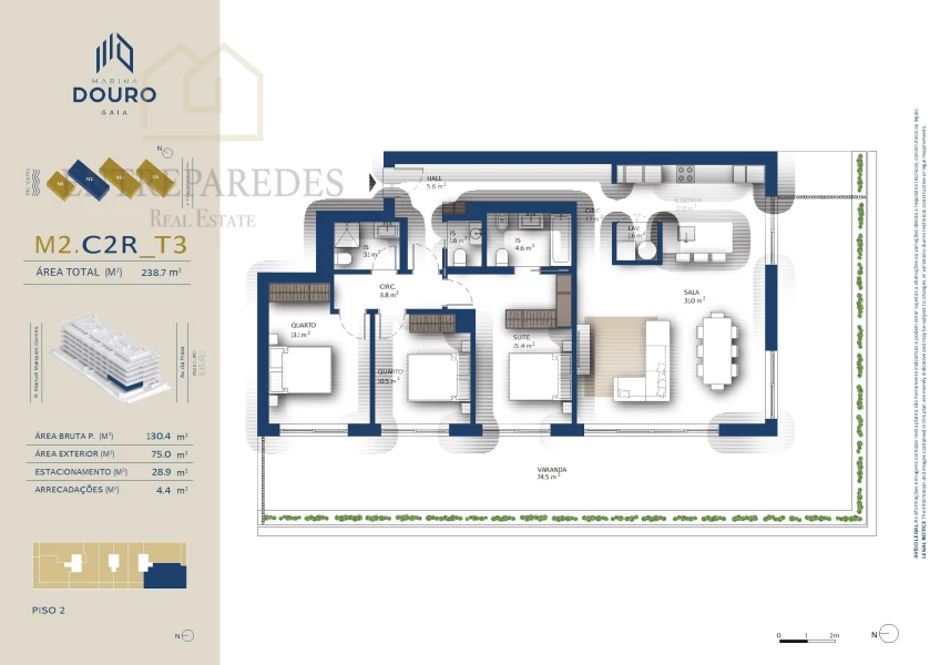 EXCELLENT 3 BEDROOM APARTMENT WITH TERRACE TO BUY NEXT TO MARINA DA AFURADA - VNG- PORTO